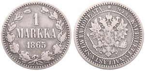 Finland, Grand Duchy, Alexander II, 1 Markka Silver 1865, Crowned imperial double eagle within circle, KM 3.1, A.VF