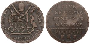 Italian States, Papal States, Pius VII, 1 Baiocco Copper MDCCCXVI-XVIR (1816), Papal arms, KM 1279, VF