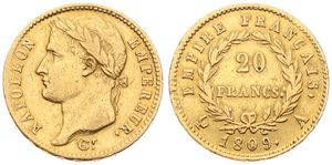 France, First Empire, Napoleon, 20 Francs Gold 1809A, Laureate head left, KM 695.1 Paris, VF (*)