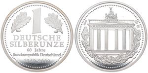 Germany, Federal Republic, Medal in Silver 2009, 1 Deutsche Silberunze / Brandenbuger Gate in Berlin - 60 Jahre Bundesrepublik Deustchland, PROOF
