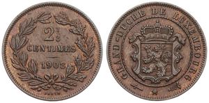 Luxembourg, Grand Duchy, William III, 2-1/2 Centimes Bronze 1908, Crowned shield within rope wreath, KM 21, UNC