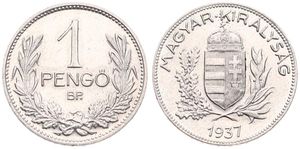 Hungary, Regency Coinage, 1 Pengo Silver 1937BP, Crowned shield within branches, KM 510, PROOFLIKE !