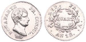 France, Consulship, Napoleon, 1/4 Franc Silver AN 12A, Bare head right, KM 653.1 Paris, A.XF (cleaned)