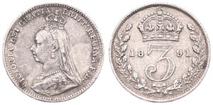Great Britain, Kingdom, Victoria, 3 Pence Silver 1891, Crowned and draped bust left, KM 758, VF+