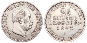 German States, Prussia, Wilhelm I, 2-1/2 Silber Groschen 1863A, Bearded head right, KM 486, XF