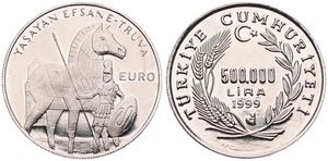 Turkey, Republic, 500.000 Lira Copper-Nickel 1999, Trojan Horse and ancient Greek soldier, KM 1081, UNC