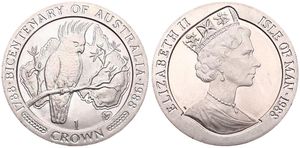 Isle of Man, British Dependency, Elizabeth II, 1 Crown Copper-Nickel 1988, Australian Bicentennial - Cockatoo within circle, KM 222, B.UNC