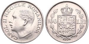 Romania, Kingdom, Carol II, 100 Lei Nickel 1936, Head left, KM 54, XF