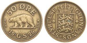 Greenland, Danish Colony, 50 Ore Aluminum-Bronze 1926, Polar bear walking left, KM 7, VF