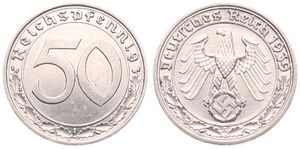 Germany, Third Reich, 50 Reichspfennig Nickel 1939A, Eagle above swastika within circle, KM 95, A.UNC