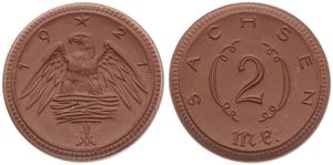 Germany, Emergency Coinage, Saxony, 2 Mark Porcelain 1921, Eagle in nest with wings spread and crossed swords / Legend surrounding denomination within wreath, UNC