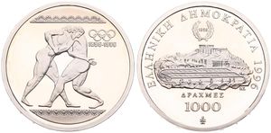 Greece, Republic, 1000 Drachmes Silver 1996, Olympics - Two ancient wrestlers, KM 166, PROOF