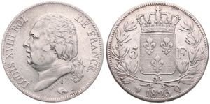 France, Second Kingdom, Louis XVIII, 5 Francs Silver 1823Q, Head left, KM 711.11 (Perpignan), VF