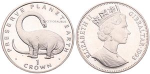 Gibraltar, British Colony, Elizabeth II, 1 Crown Copper-Nickel 1993, Prehistorical Animals - Cetiosaurus, KM 149, B.UNC