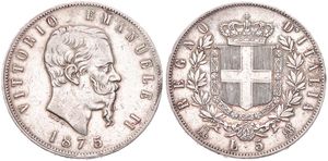 Italy, Kingdom, Vittorio Emanuele II, 5 Lire Silver 1875M BN, Bearded head right, KM 8.3, VF
