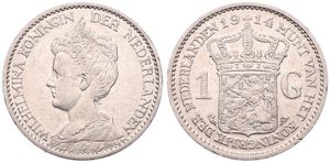 Netherlands, Kingdom, Wilhelmina I, 1 Gulden Silver 1914, Crowned bust left, KM 148, VF