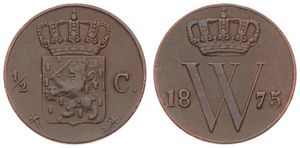 Netherlands, Kingdom, William III, 1/2 Cent Copper 1875, Crowned arms, KM 90, VF