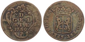 Netherlands, Gelderland Province, 1 Duit Copper 1759, Crowned arms of Gelderland, KM 93, Fine