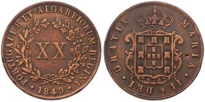 Portugal, Kingdom, Maria II, 20 Reis Copper 1849, Crowned arms in baroque frame, KM 482, VF (slightly cleaned)