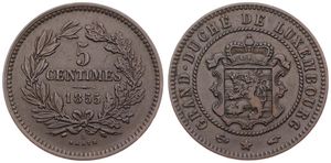 Luxembourg, Grand Duchy, William III, 5 Centimes Bronze 1855A, Crowned shield within rope wreath, KM 22.2, VF/XF