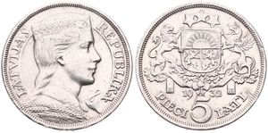 Latvia, First Republic, 5 Lati Silver 1932, Crowned head right, KM 9, Position A, A.XF