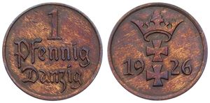 Danzig, Free City, 1 Pfennig Bronze 1926, Crowned arms, KM 140, A.UNC