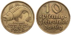 Danzig, Free City, 10 Pfennig Aluminum-Bronze 1932, Codfish left, KM 152, XF