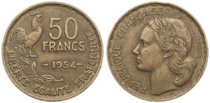 France, Republic, 50 Francs Aluminum-Bronze 1954, Head left - Rooster, KM 918.1, SCARCE DATE, VF