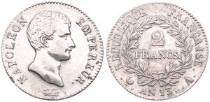 France, First Empire, Napoleon, 2 Francs Silver AN 13A, Bare head right, KM 658.1 Paris, VF (edgenick) (cleaned)