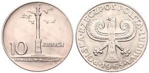 Poland, Peoples Republic, 10 Zlotych Copper-Nickel 1965, 700th Anniversary of Warsaw, KM 55, UNC