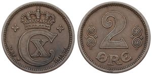 Denmark, Kingdom, Christian X, 2 Ore Bronze 1913, Crowned Monogram, KM 813.1, VF