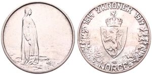Norway, Kingdom, Haakon VII, 2 Kroner Silver 1914, Constitution Centennial, Standing figure facing right / Crowned shield, KM 377, VF