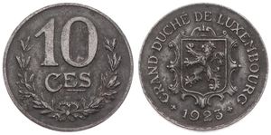 Luxembourg, Grand Duchy, Charlotte, 10 Centimes Iron 1923, National arms above date, KM 31, SCARCE KEY DATE, XF