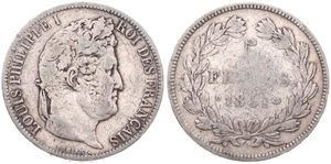 France, Second Kingdom, Louis Philippe I, 5 Francs Silver 1831D, Laureate head right, KM 744.2 (Lyon), Incused lettering !, Fine