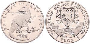 Bosnia-Herzegovina, Republic, 500 Dinara Copper-Nickel 1993, Prehistorical Animals - Tyrannosaurus Rex, KM 4, B.UNC