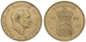 Denmark, Kingdom, Frederik IX, 1 Krone Aluminum-Bronze 1954, Head right, KM 837.1, VF