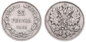 Finland, Grand Duchy, Nicholas II, 25 Pennia Silver 1901, Crowned imperial double eagle, KM 6.2, VF