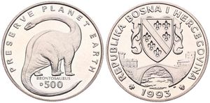 Bosnia-Herzegovina, Republic, 500 Dinara Copper-Nickel 1993, Prehistorical Animals - Brontosaurus, KM 1, B.UNC
