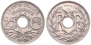 France, Republic, 25 Centimes Copper-Nickel 1936, Center hole divides monogram, KM 867a, A.UNC