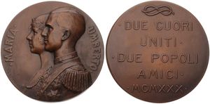 Italy, Kingdom, Vittorio Emanuele III, Medal in Bronze 1930 by G. Devreese, Wedding of Umberto II with Maria José from Belgium / Conjoined busts left, A.UNC