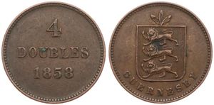 Guernsey, British Dependency, Victoria, 4 Doubles Copper 1858, Leaves above shield, KM 2, VF