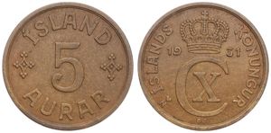 Iceland, Kingdom, Christian X, 5 Aurar Bronze 1931, Crown above Monogram, KM 7.1, XF