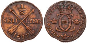 Sweden, Kingdom, Carl XIII, 1/2 Skilling Copper 1817, Crowned Monogram, KM 590, VF
