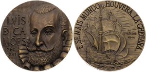 Portugal, Republic, Medal in Bronze ND (ca 1970) by José de Moura, Age of Discovery, Head of Poet Luis de Camoes left, Sailing Ship Lysiadas right, HIGH RELIEF, UNC