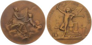 France, Republic, Medal in Bronze 1900 by Daniel Dupuis, La Monnaie de Paris, Large book 1900 held up by a woman and a cherub / Winged angel leans against a medal-press, A.UNC
