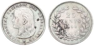 Netherlands, Kingdom, Wilhelmina I, 25 Cents Silver 1892, Queen's head with long hair left, KM 115, F/VF