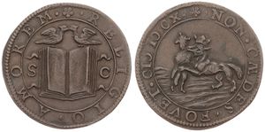 Netherlands, Kingdom, Dordrecht, Token in Bronze 1610, Struck after te murder of Henri IV, Crowned wolf attacking sheep / Two birds perched on open Bible, SCARCE, XF
