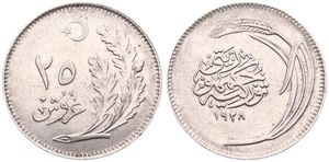 Turkey, Republic, 25 Kurus Nickel 1928, Value to left of sprig, crescent and star on top, KM 837, XF