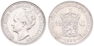 Netherlands, Kingdom, Wilhelmina I, 1/2 Gulden Silver 1929, Head left, KM 160, (VARIETY : 3 Pearls under G !) A.XF