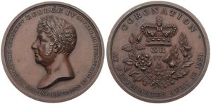 Great Britain, Kingdom, George IV, Medal in Bronze 1821 by Hancock, Coronation medal, Laureate bust left / Royal crown and monogram in British floral badge, XF